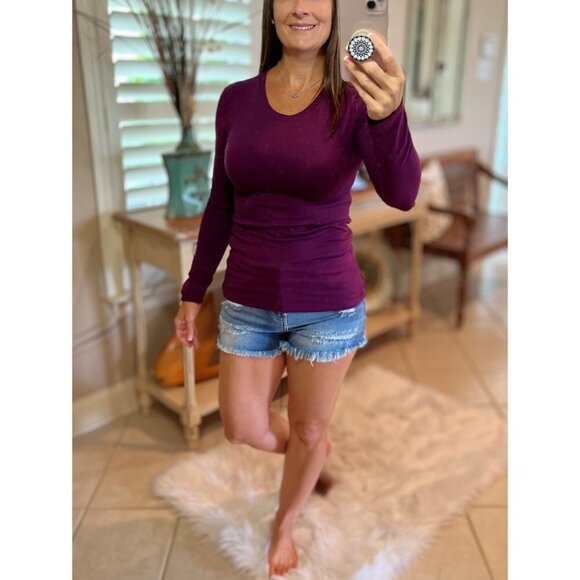 Round Neck Slimming Long Sleeve Cotton Top Eggplant 0323 - Picture 3 of 5